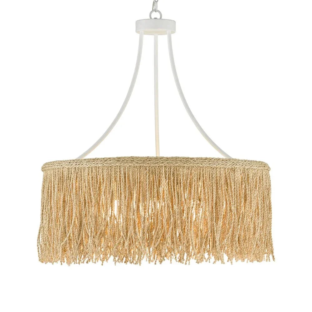 Natural boho chandelier with woven fringe and white metal frame, perfect for coastal or farmhouse decor
