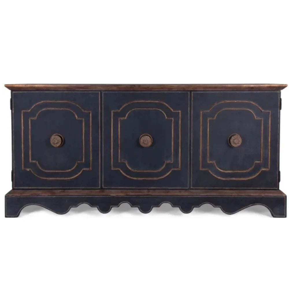 Dark blue French country sideboard with gold trim and scalloped base, rustic farmhouse style