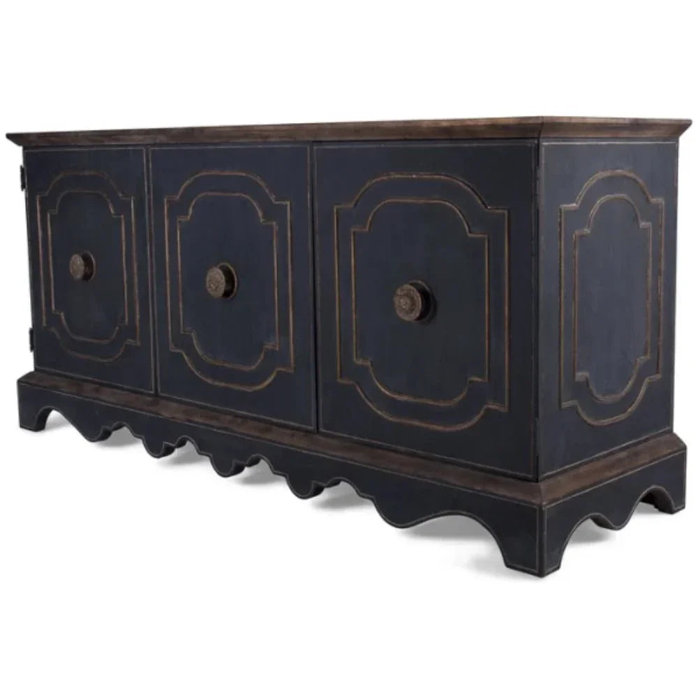 Dark blue French country sideboard with ornate paneling and scalloped base, shabby chic style