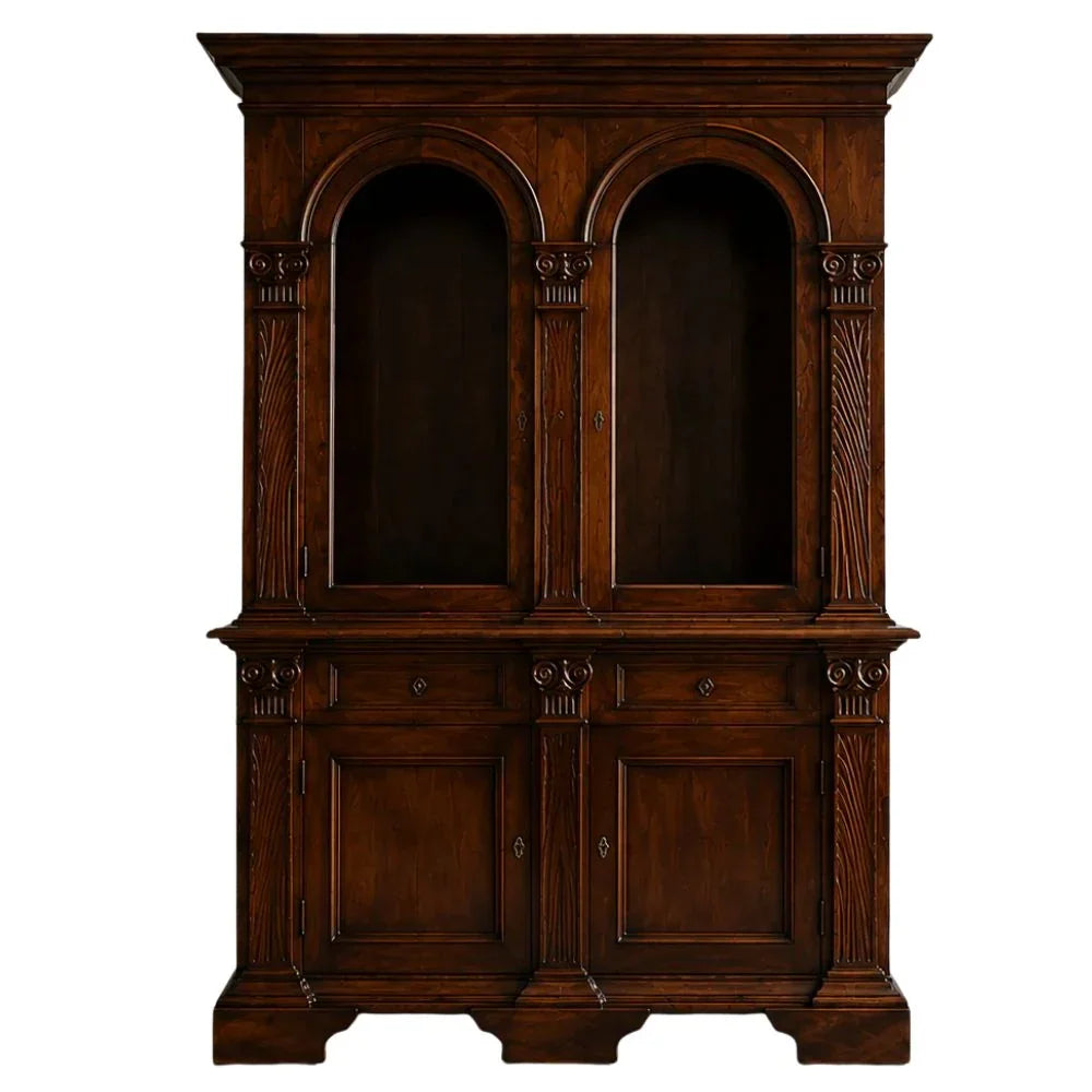 Antique dark wood French country hutch with arched display shelves and lower storage cabinets.