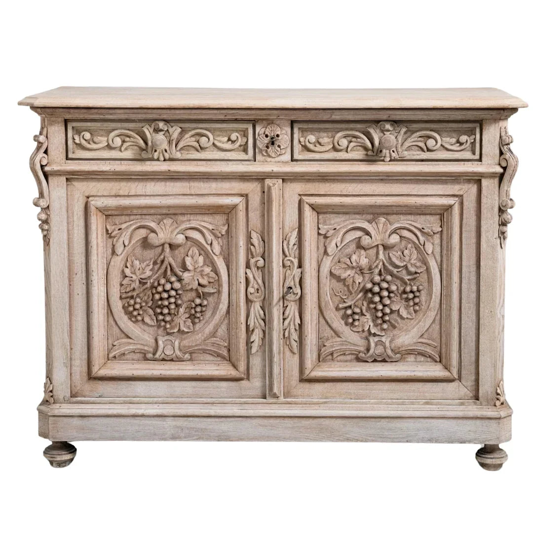 French country style light wood carved buffet sideboard with grape motifs.