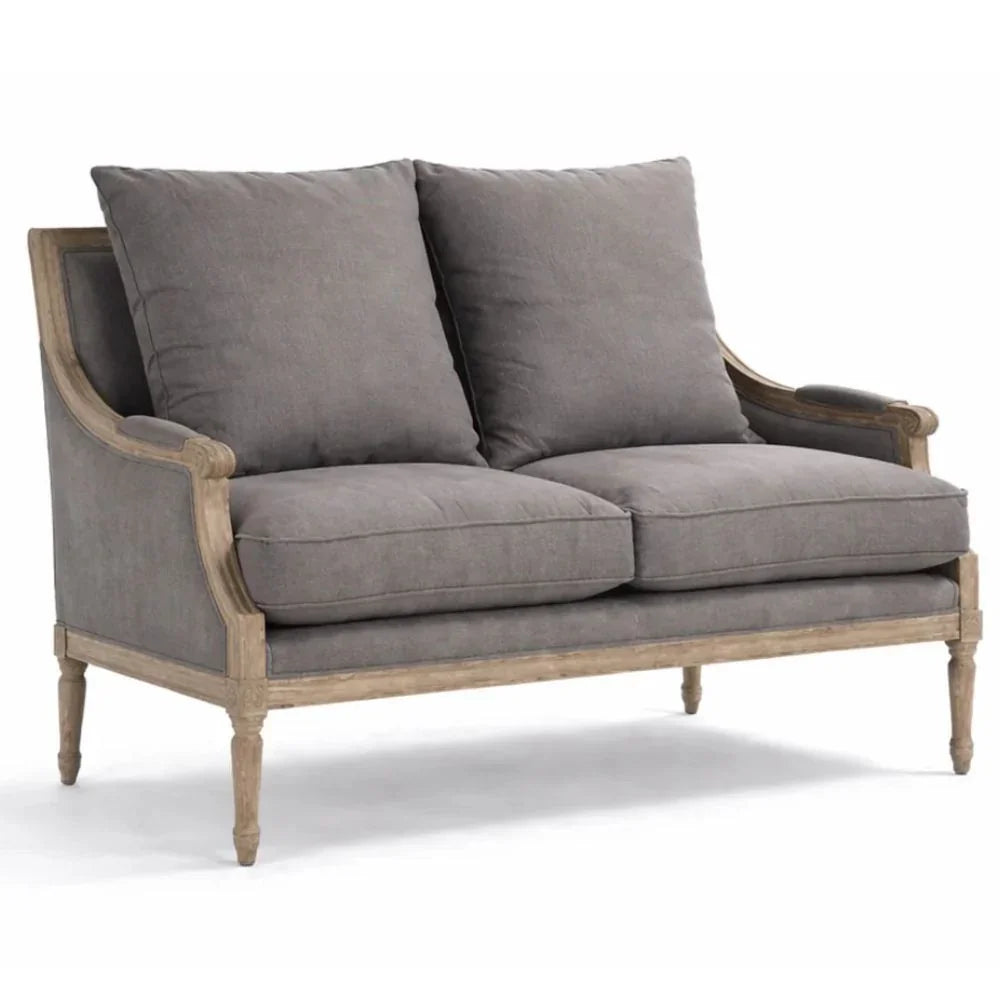 French country loveseat with gray upholstery and distressed wood frame, perfect for shabby chic or farmhouse decor