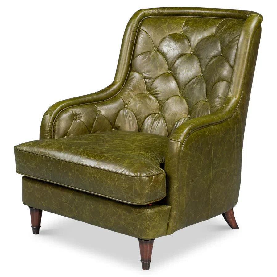 British Green Tufted Leather Accent Chair