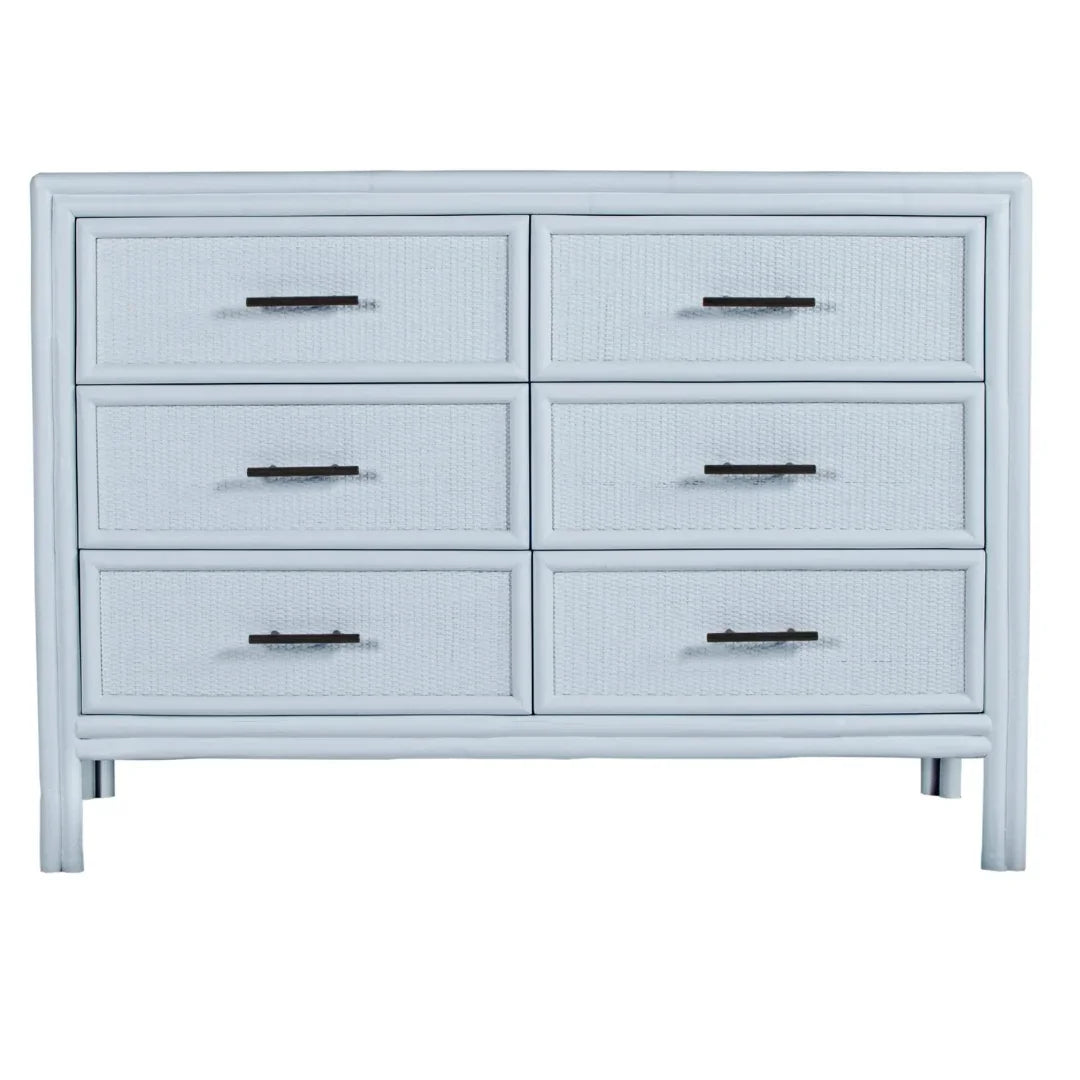 Light blue 6-drawer coastal dresser with woven rattan panels and black handles.