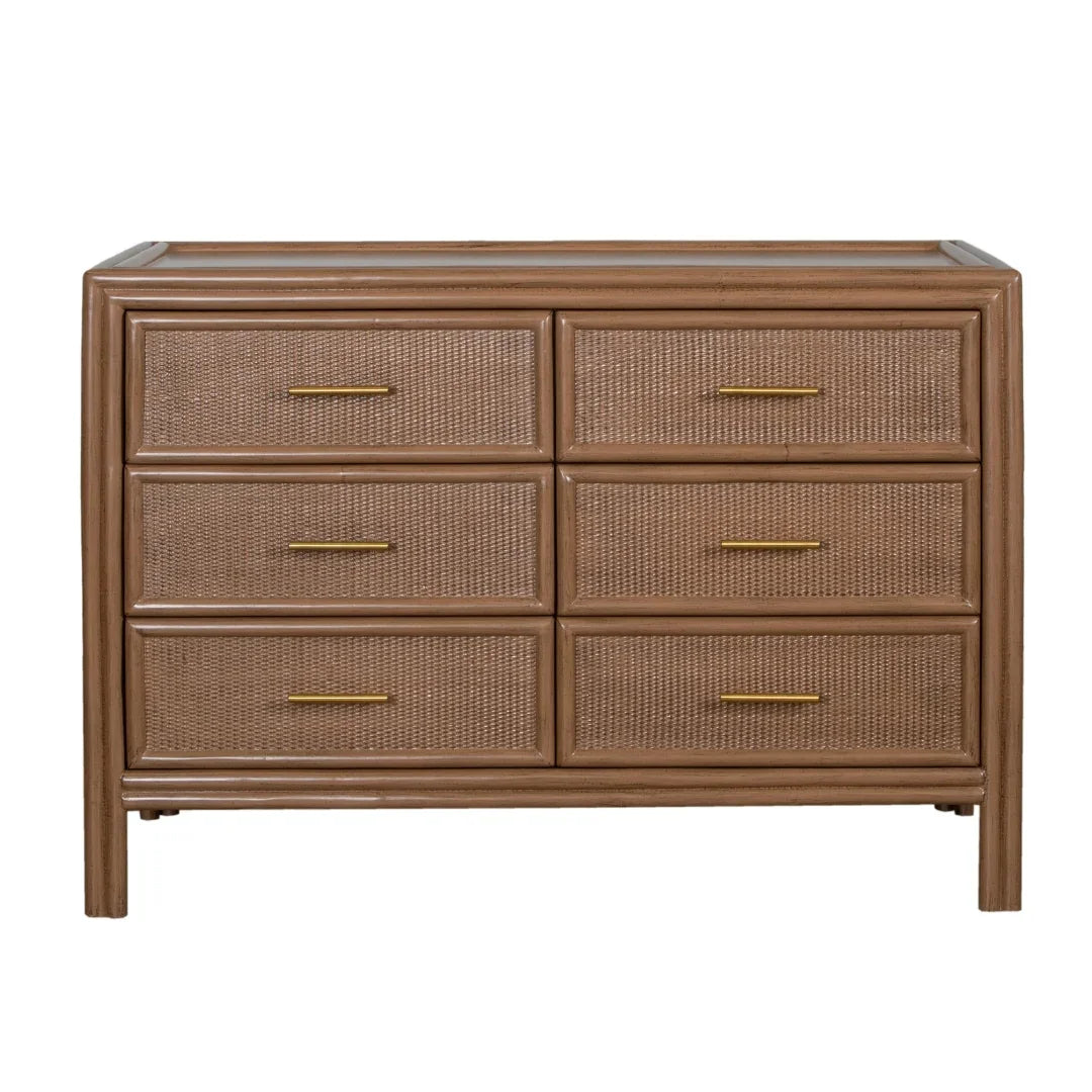 Brown wicker 6-drawer dresser with gold handles in a natural boho style.