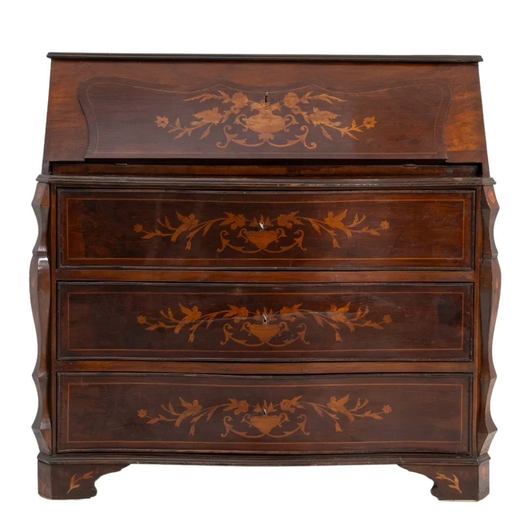Antique dark wood secretary desk with floral marquetry in French country style.