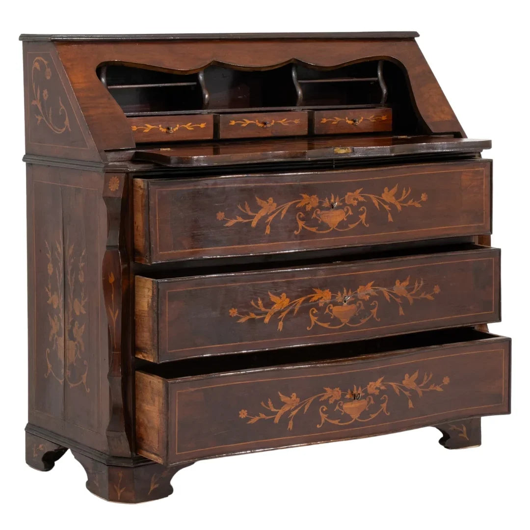 Heirloom Marquetry Drop-Front Secretary Desk, Circa 1860