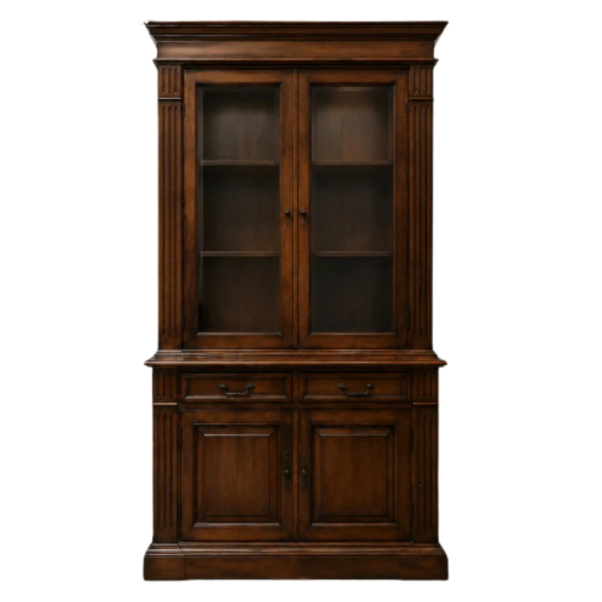 Antique dark wood china cabinet with glass doors and storage drawers in French country style.