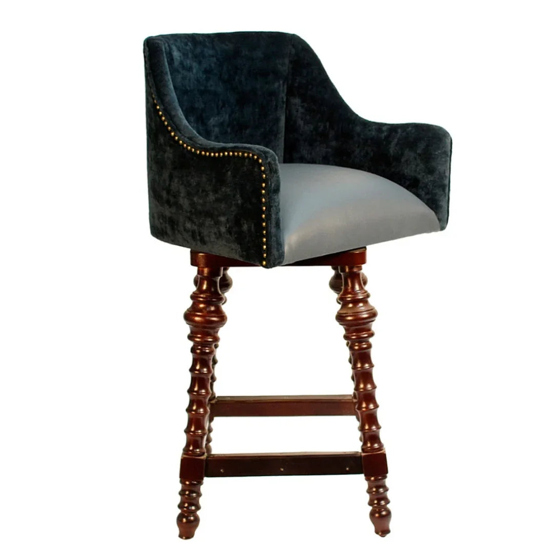 Velvet navy blue barrel back bar stool with silver seat and turned wood legs in French country style