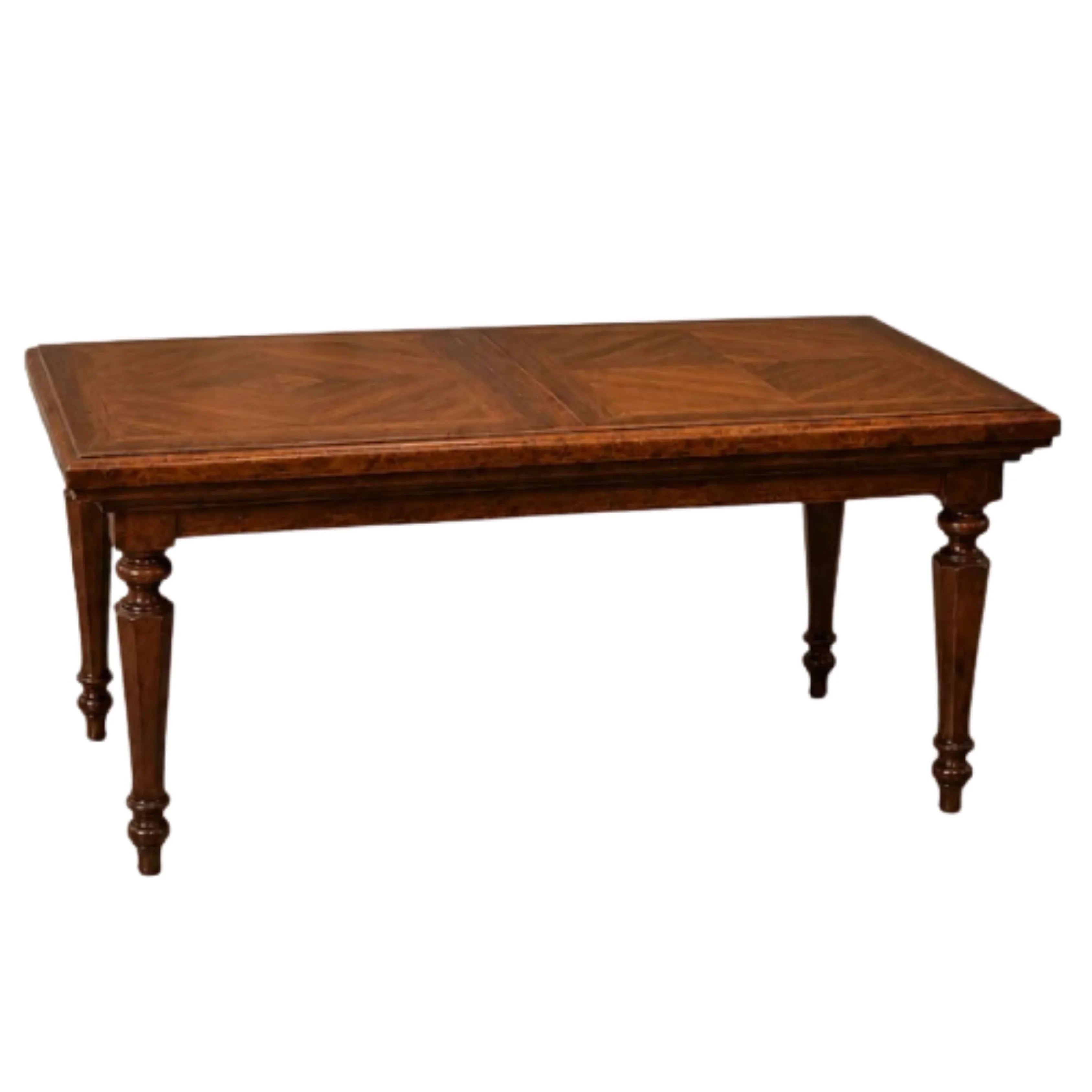Elegant wooden dining table with parquet top and turned legs in French country style