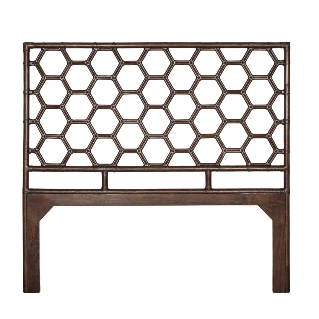 Dark brown bamboo headboard with a hexagonal lattice design in a natural boho style.