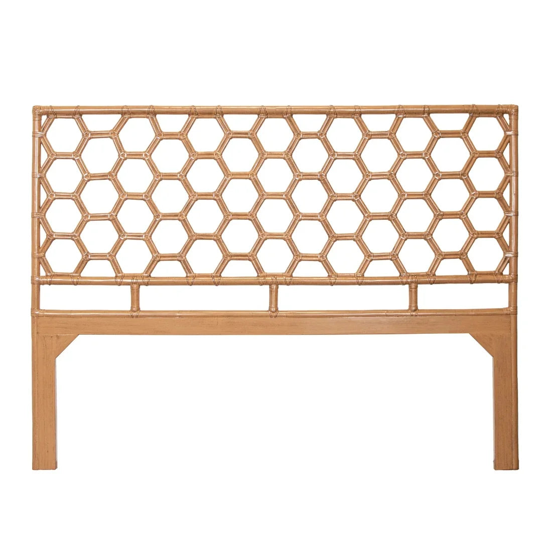 Natural boho rattan headboard with a light brown hexagonal weave design