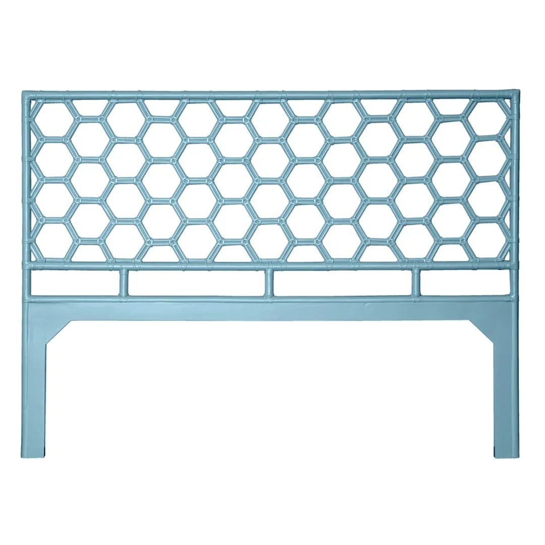 Light blue coastal style headboard with a bamboo-inspired hexagonal lattice design