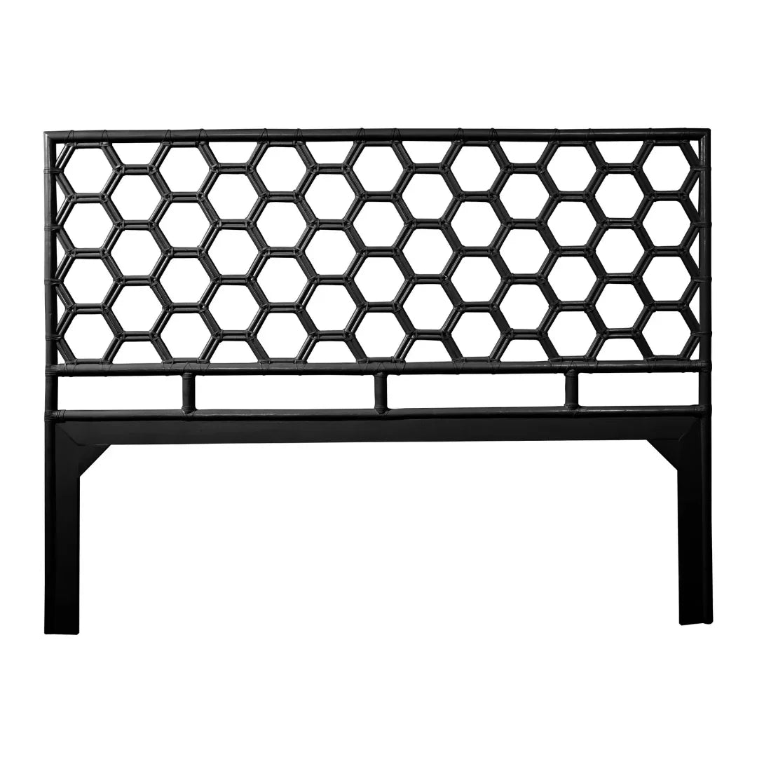 Black metal headboard with a modern honeycomb lattice design.