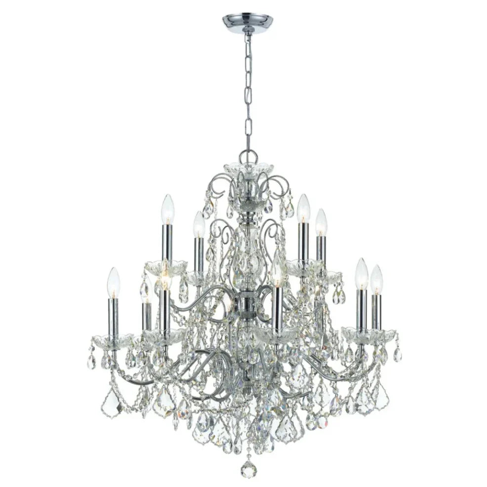 Elegant polished chrome crystal chandelier with candle lights in a French country style.