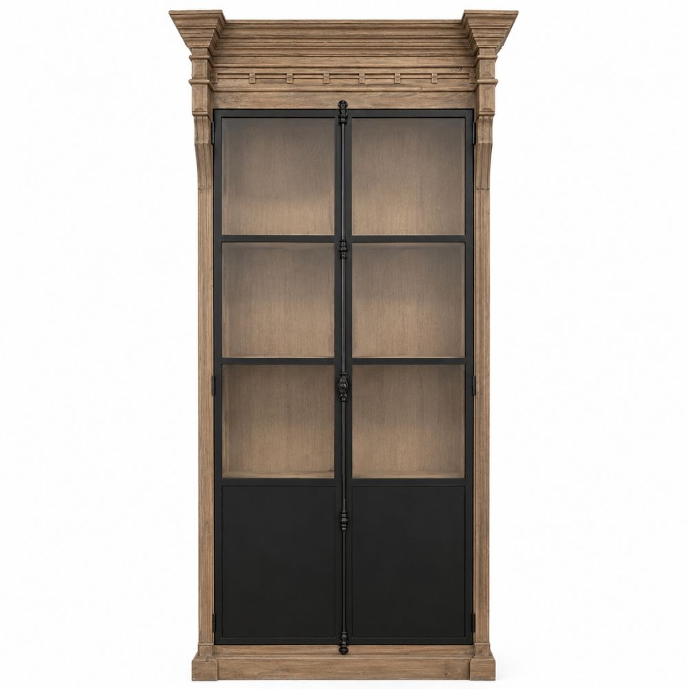 Iron Front Cathedral Pane Wood Cabinet
