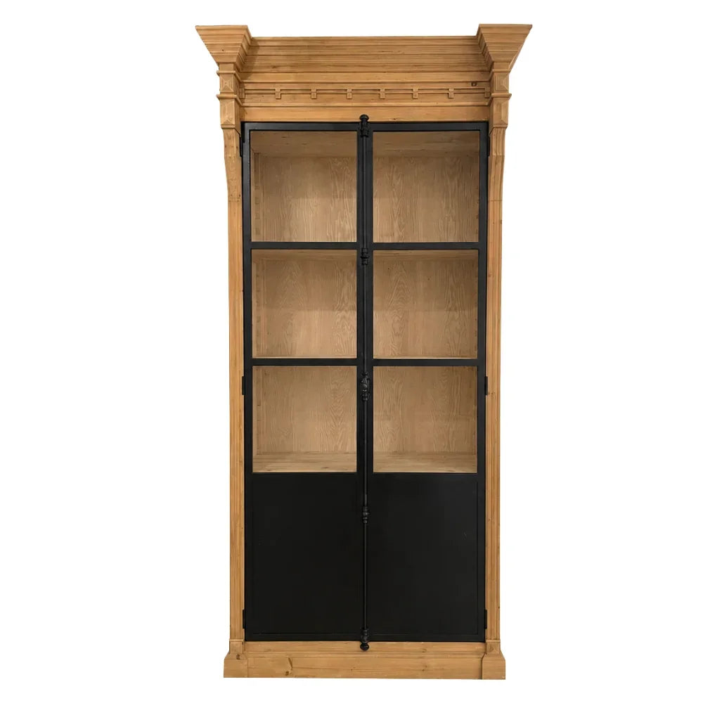 Rustic wooden bookcase with black metal doors and glass panels, ideal for farmhouse or shabby chic decor