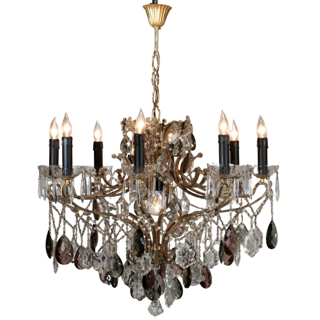 Italian Gilded Glass Drops Chandelier, Circa 1950
