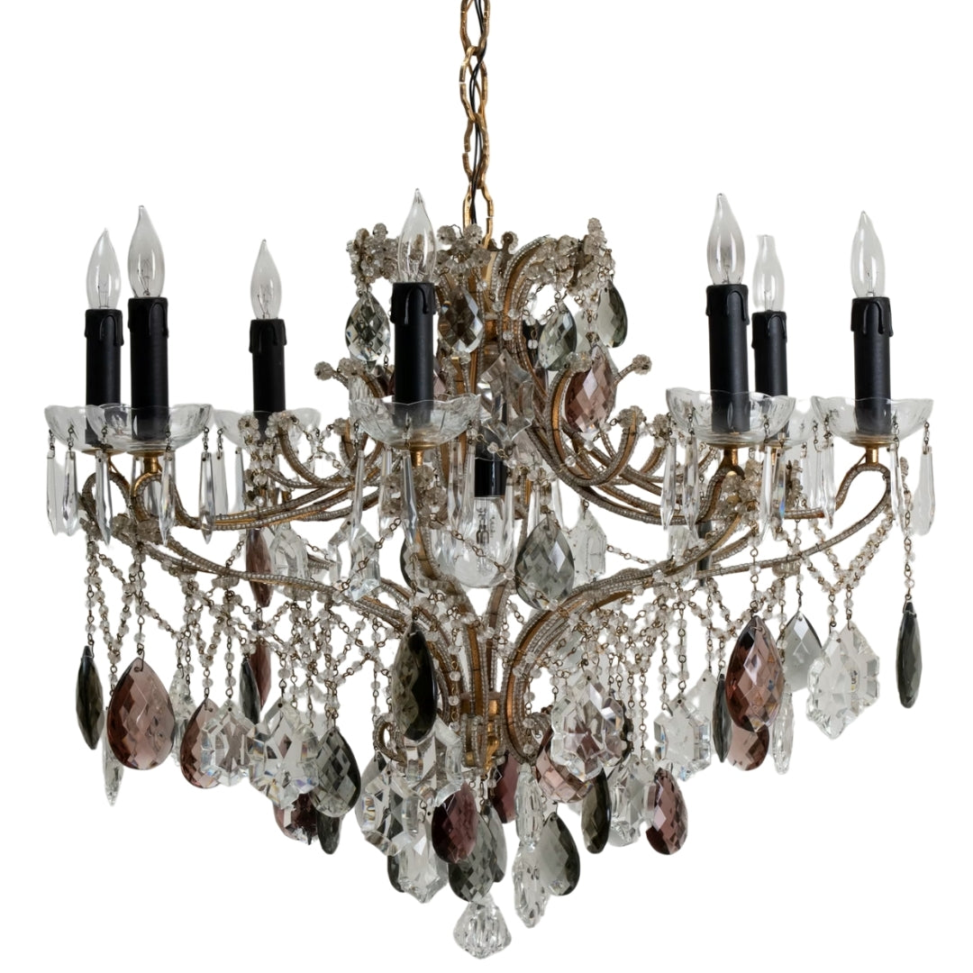 Italian Gilded Glass Drops Chandelier, Circa 1950