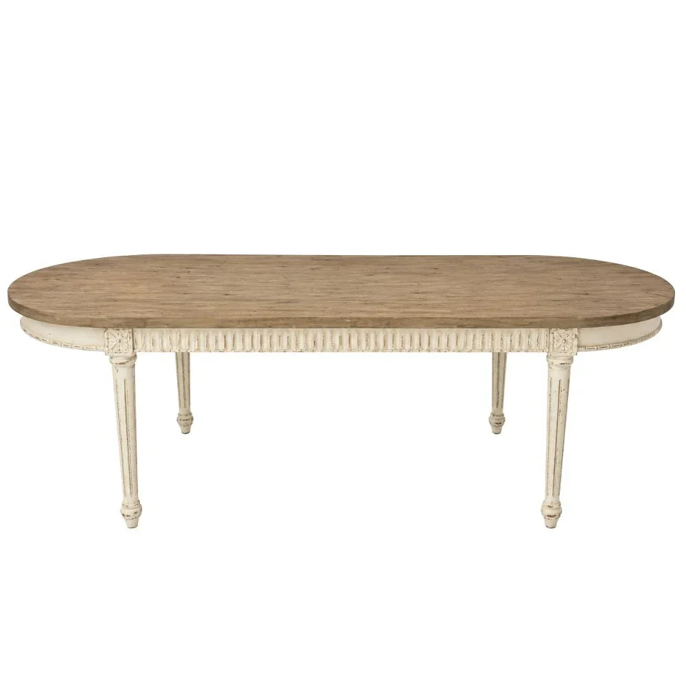 Elegant French country dining table with distressed white base and natural wood top, perfect for shabby chic or farmhouse decor.