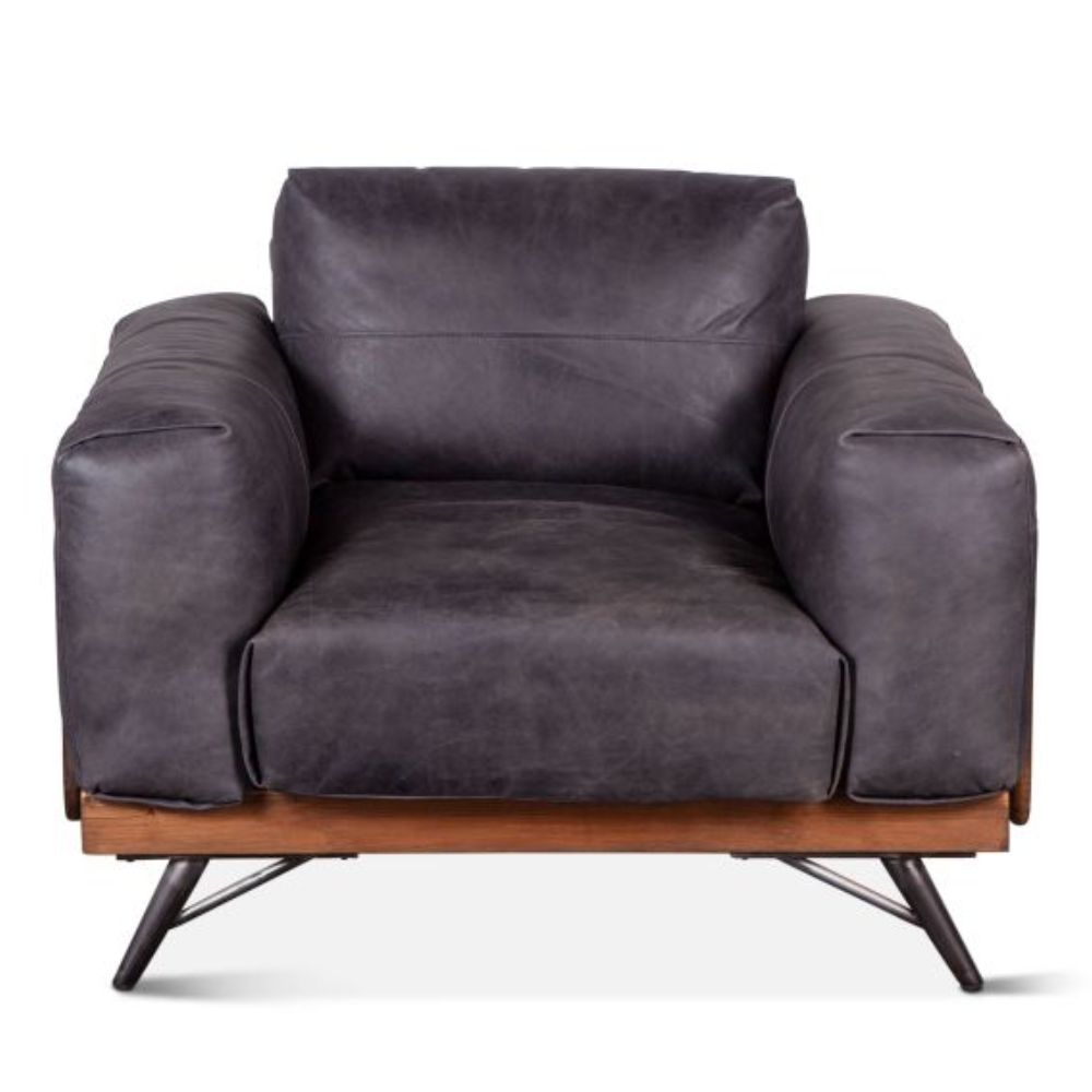 Modern Leather Armchair with Wood Sides