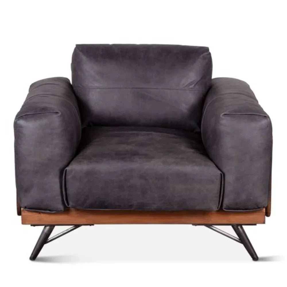Modern Leather Armchair with Wood Sides