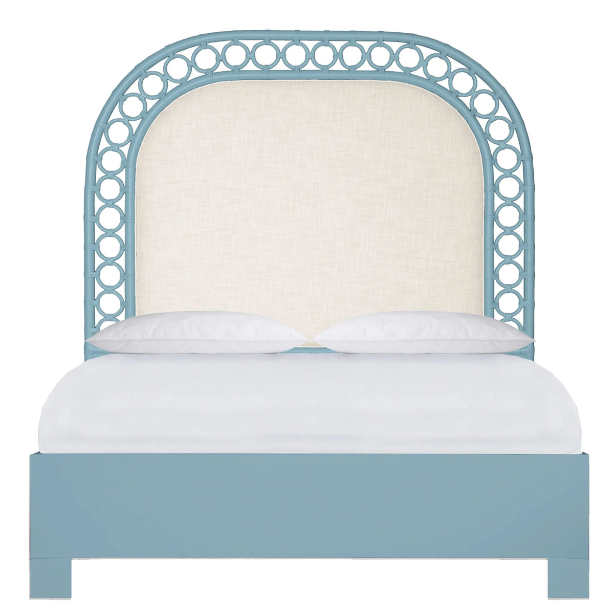 Light blue coastal style bed with a bamboo-frame arched headboard and white linen upholstery.