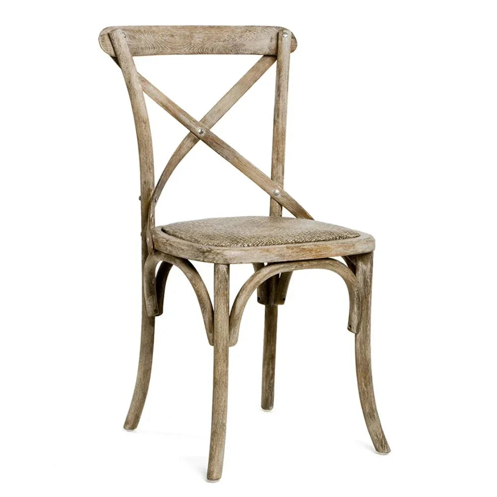 Rustic wooden chair with X-back design and woven seat, perfect for farmhouse or shabby chic decor
