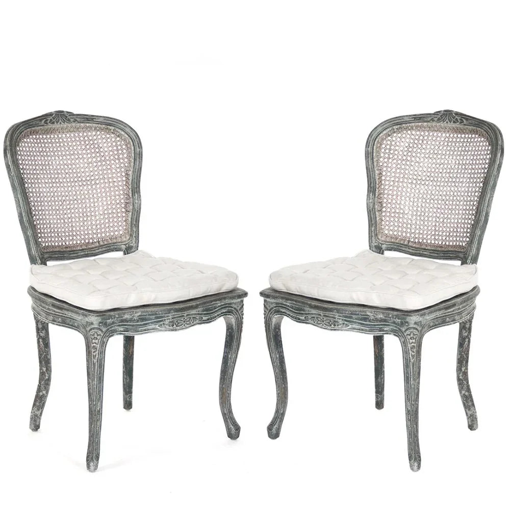 French country cane back chairs with white tufted cushions, shabby chic style