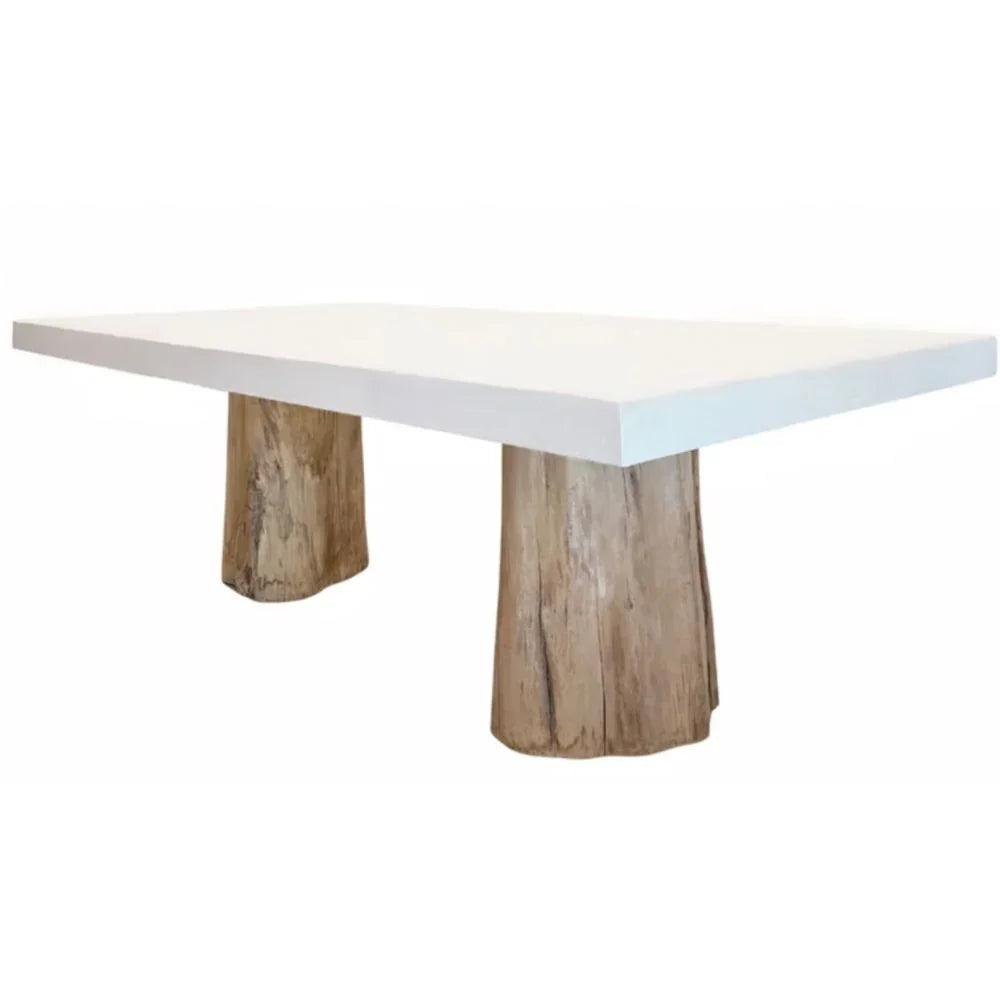 White farmhouse dining table with rustic wood stump legs, natural boho style