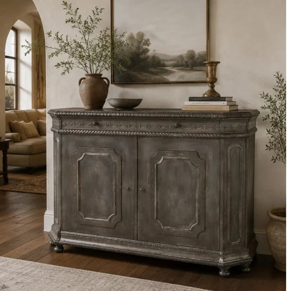 Silver French country style carved wood sideboard cabinet with ornate detailing.