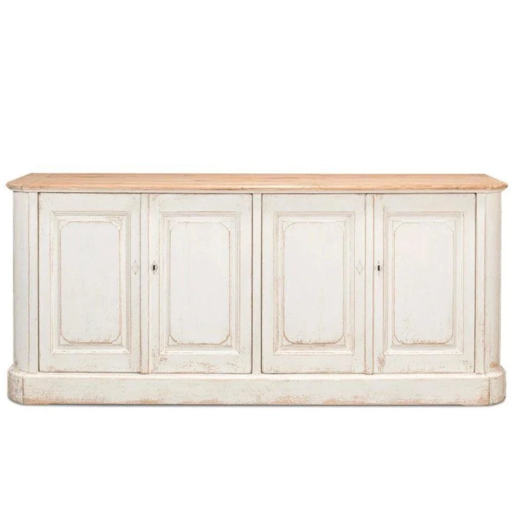 French country style white distressed sideboard with a natural wood top