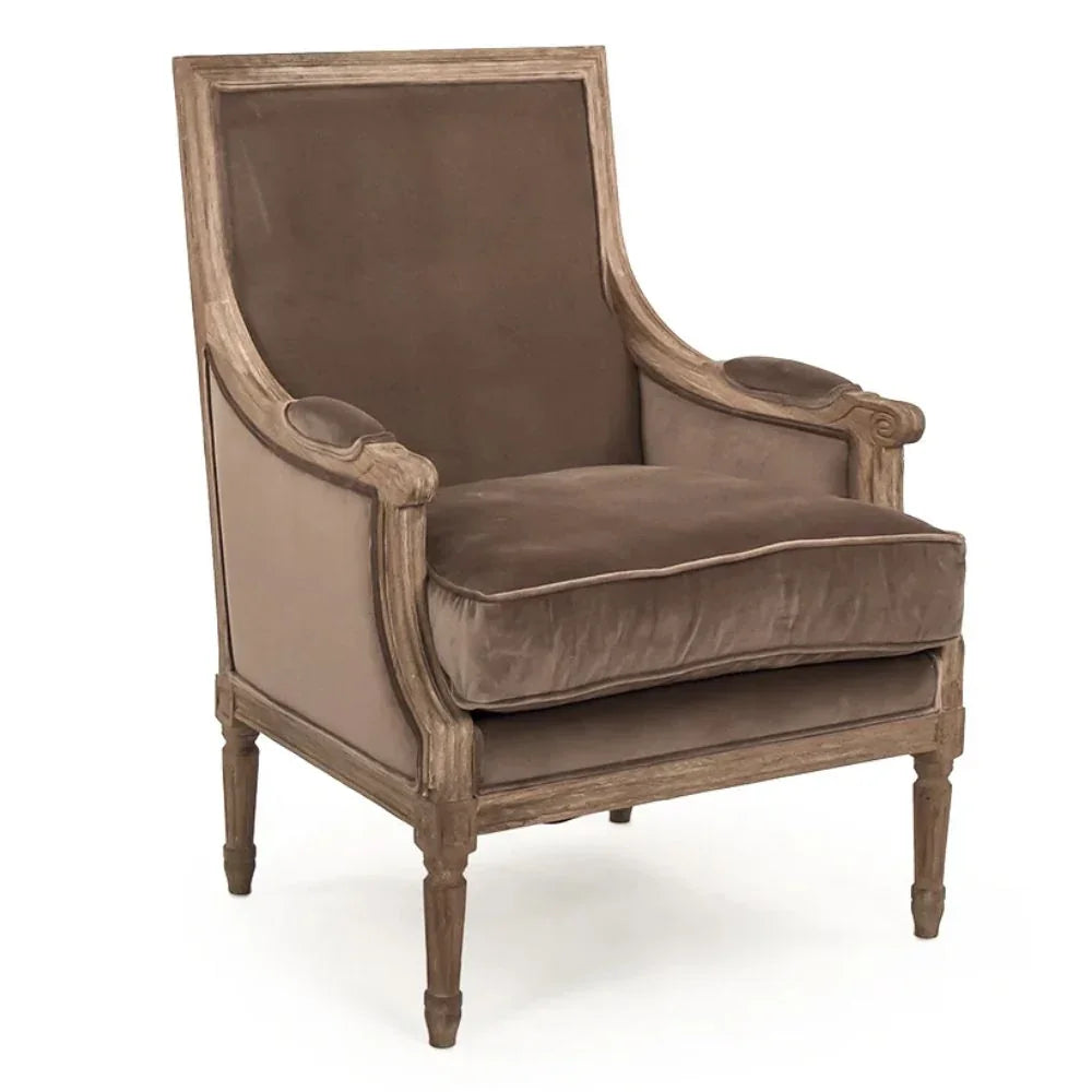 French country armchair with velvet upholstery and carved wood frame, perfect for shabby chic or farmhouse decor