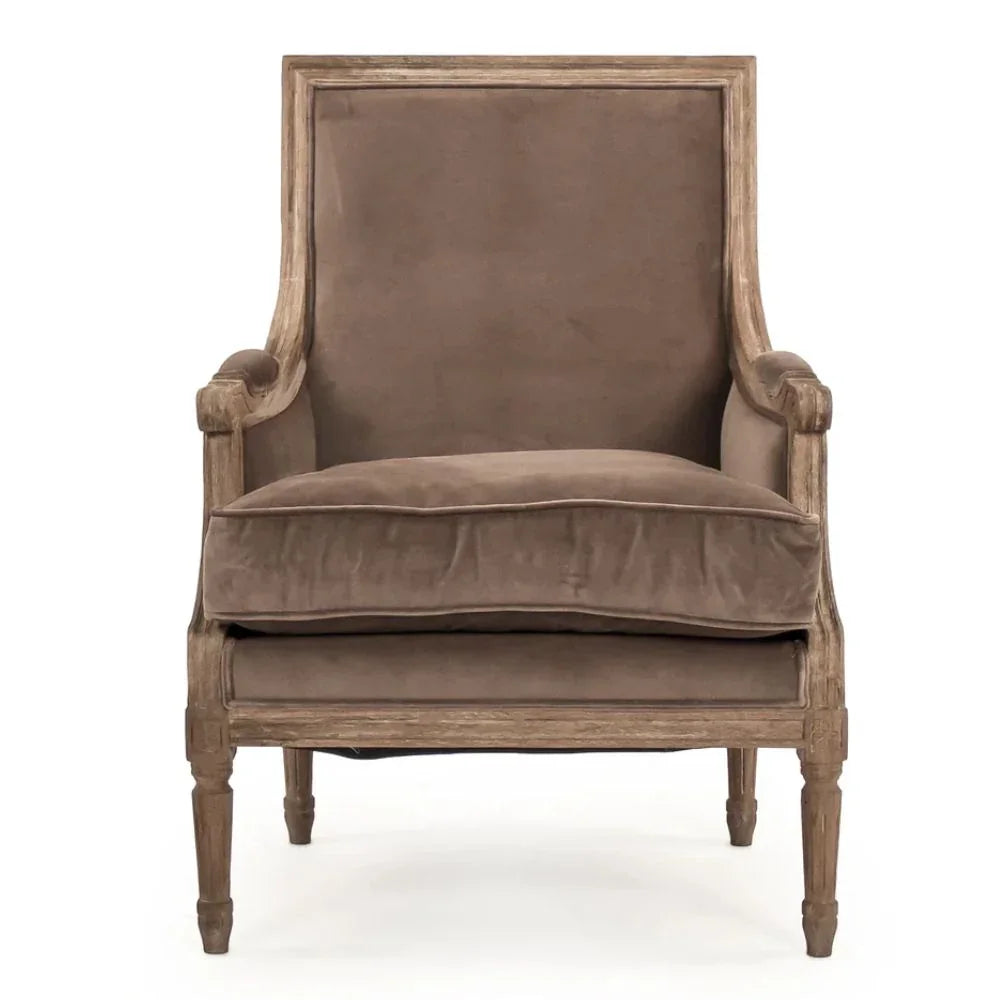 Elegant French country armchair with distressed wood frame and plush brown velvet upholstery