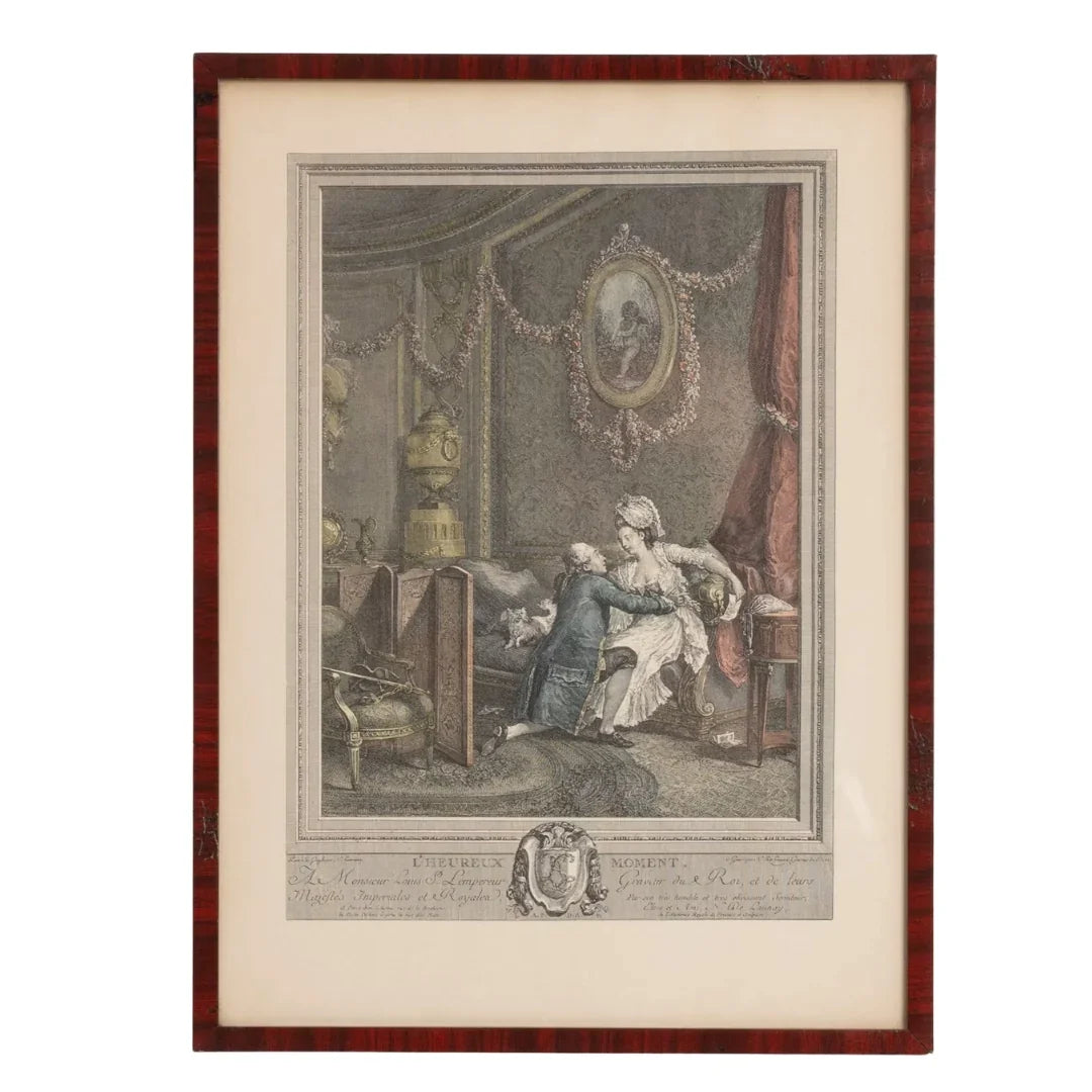 Vintage French country etching of a romantic couple in an ornate classical interior scene.