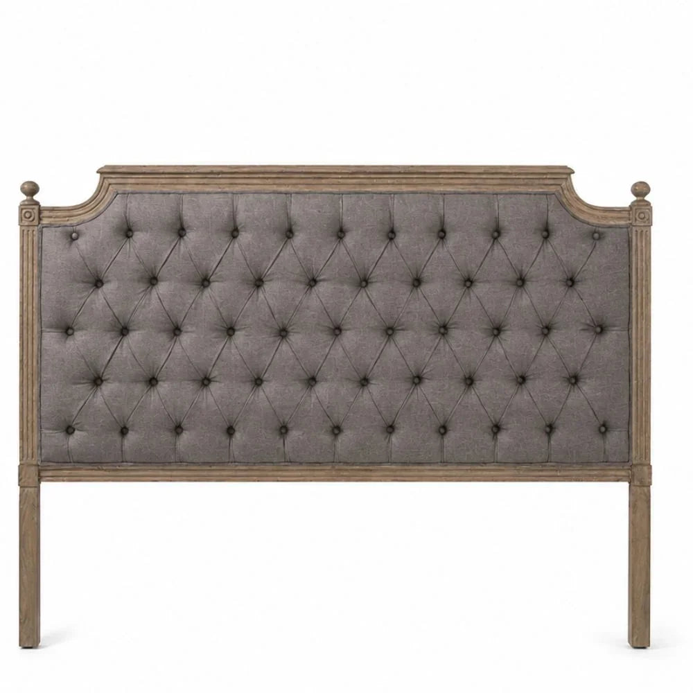 French country tufted headboard with rustic wood frame and gray fabric