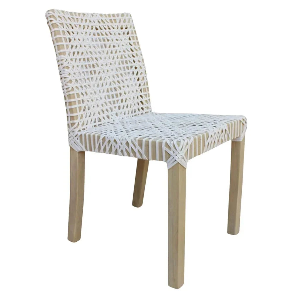 White woven rope dining chair with natural wood legs, coastal boho style