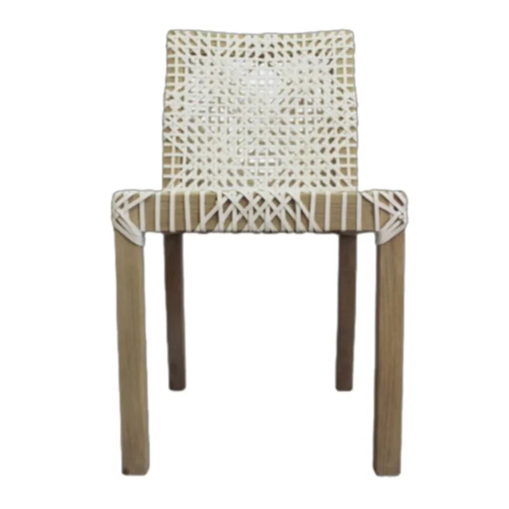 Natural boho woven dining chair with light wood legs and cream rattan back