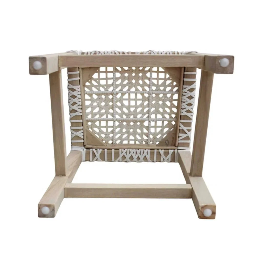 Natural wood stool with white woven rope back, rustic farmhouse style seating