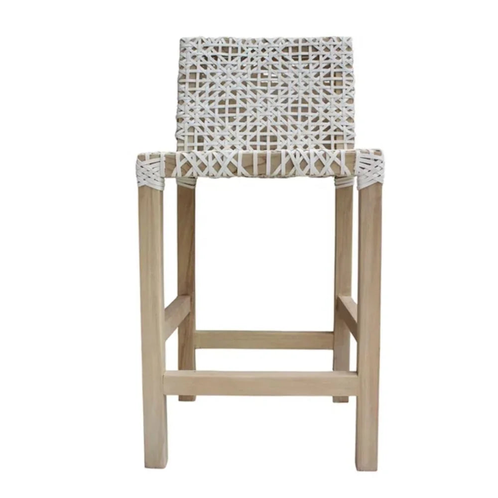 Natural wood bar stool with white woven seat and back, coastal boho style