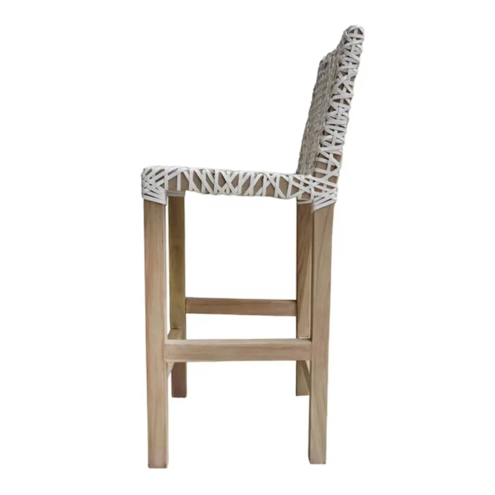 Natural wood bar stool with white woven back and arms, coastal farmhouse style