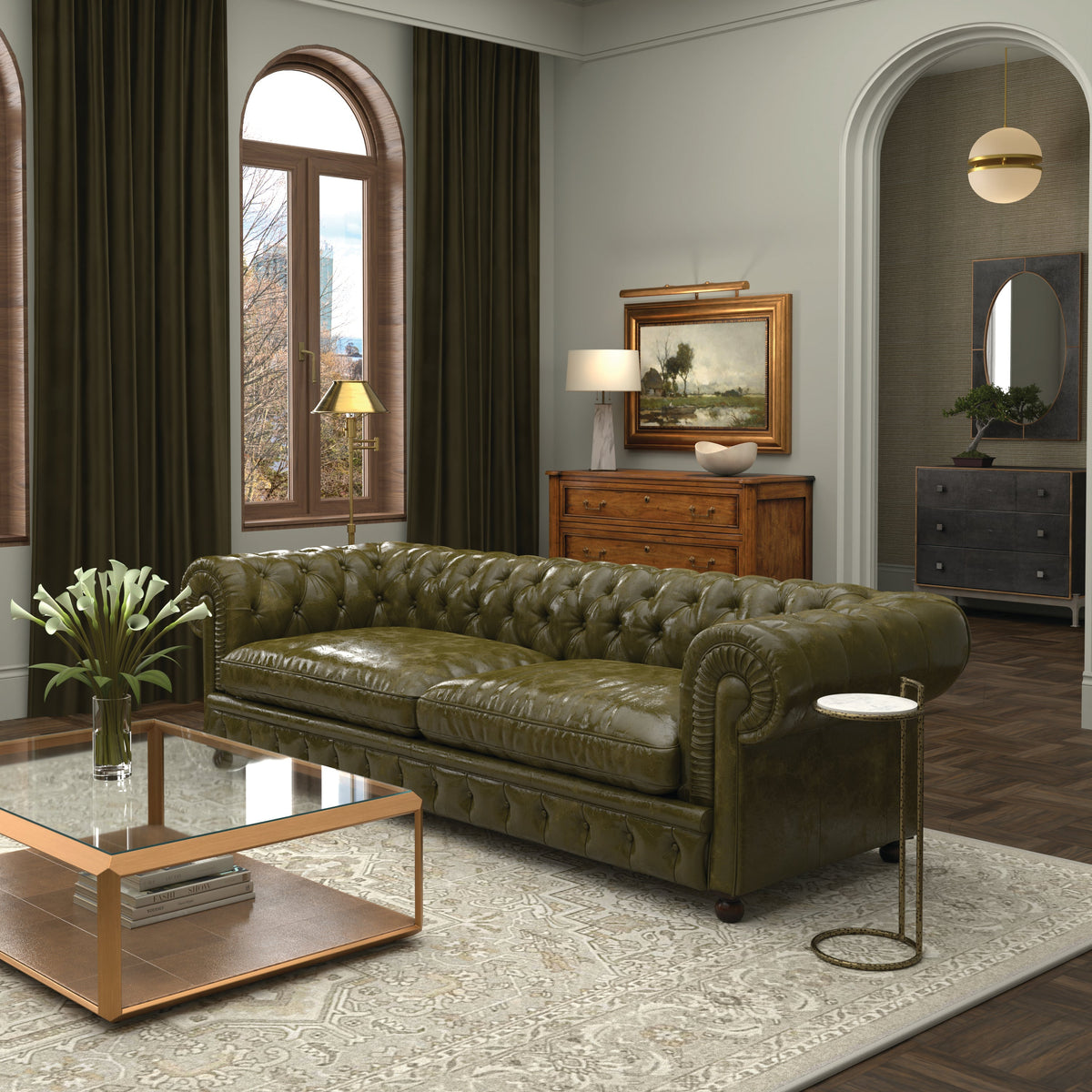 Luxe Green Leather Tufted Chesterfield Sofa
