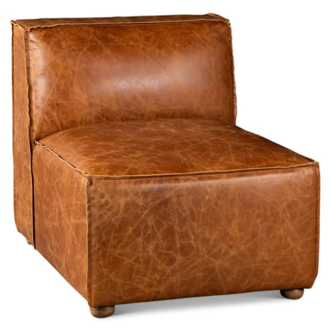 Rustic brown leather armchair with distressed finish and wooden legs