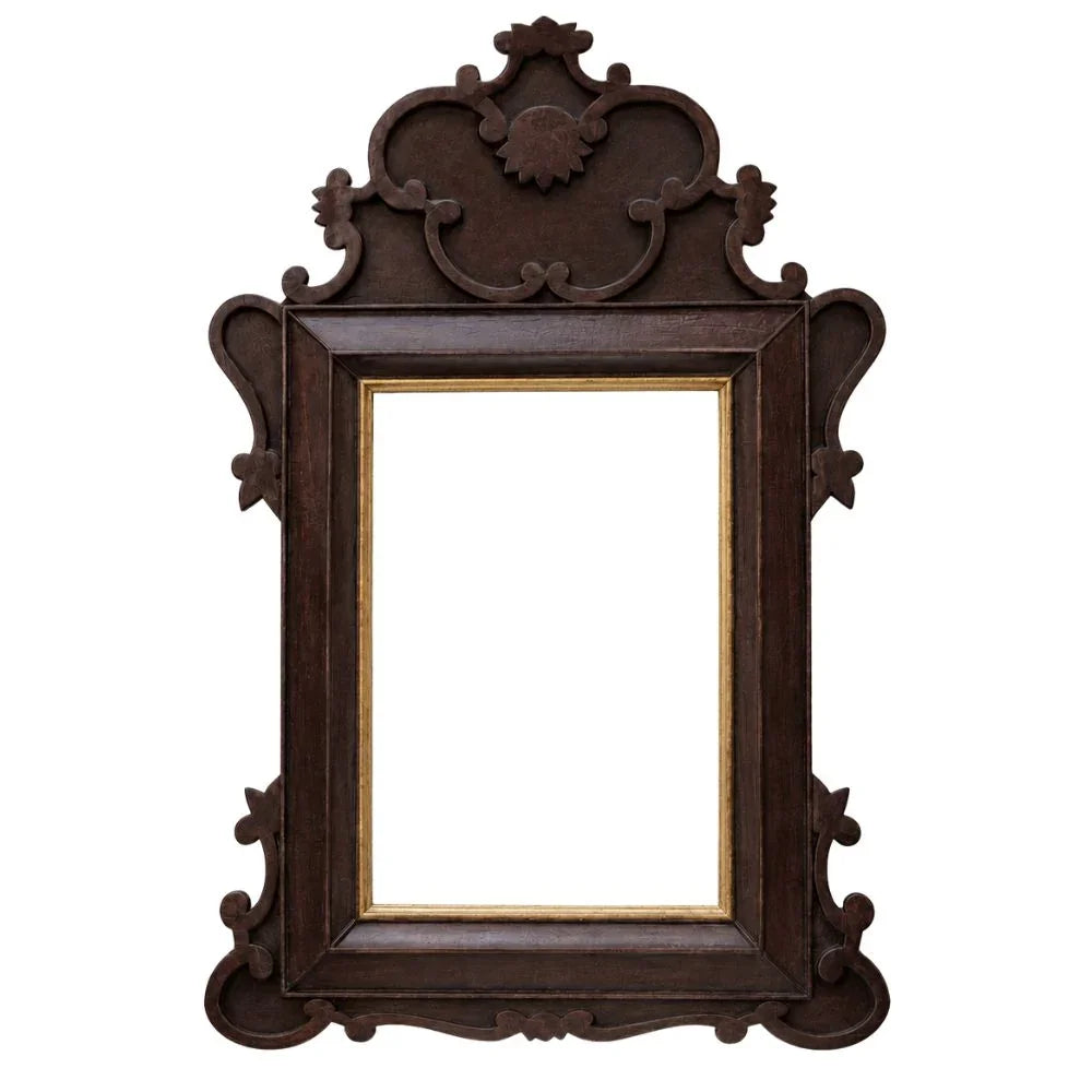 Ornate dark wood mirror with gold inner trim, French country style decorative wall mirror