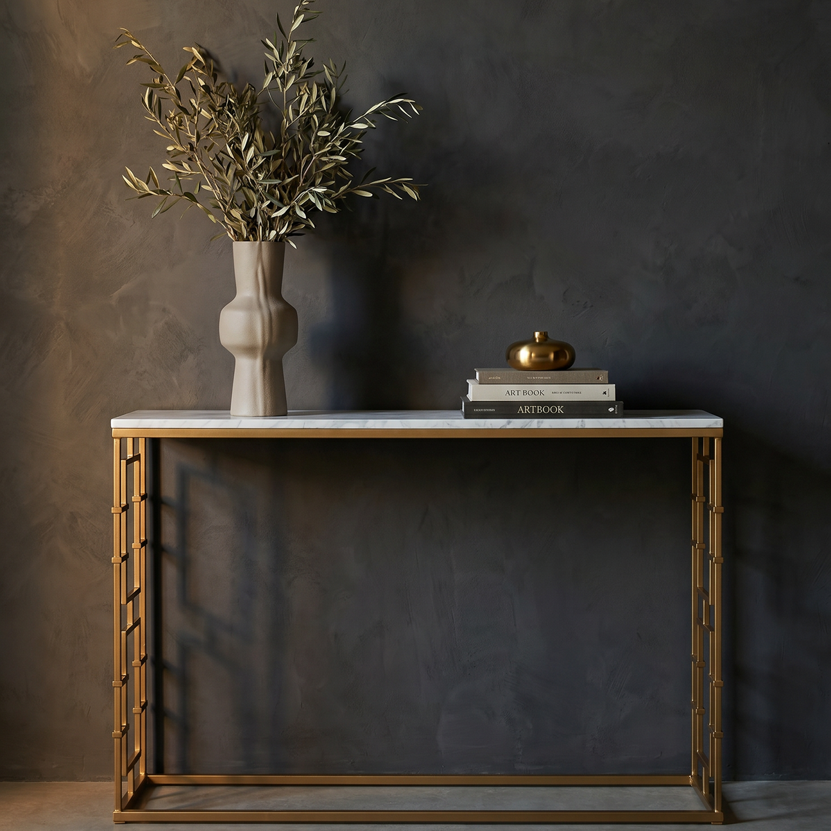 Marble Top Brass Gate Console Table
