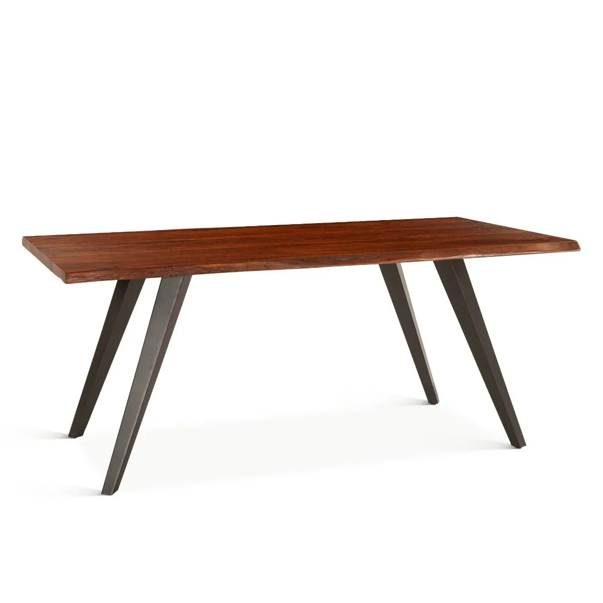 Live edge solid wood dining table with dark metal tapered legs in a farmhouse style.