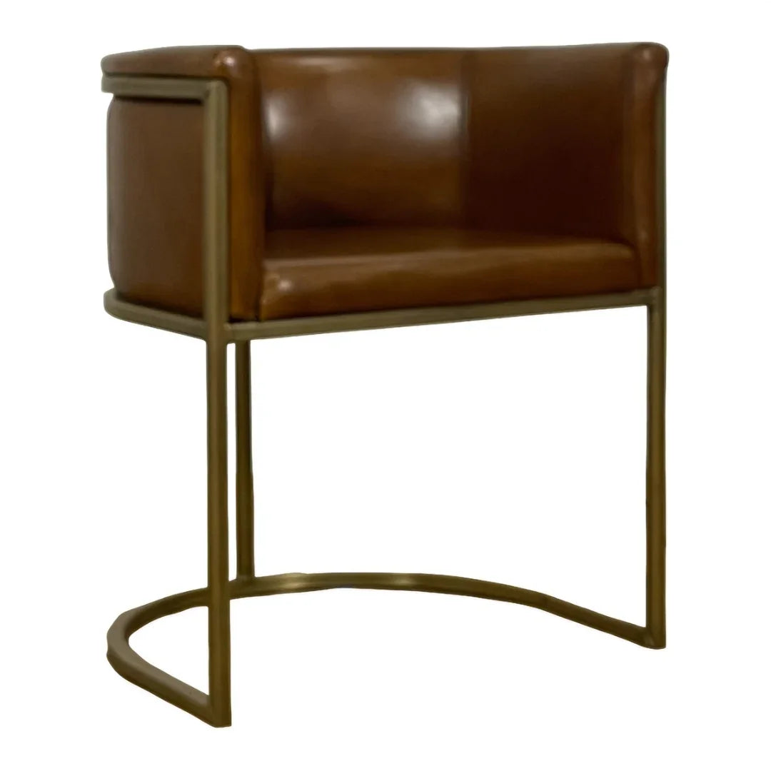 Brown leather barrel armchair with a modern gold metal frame in a contemporary style.