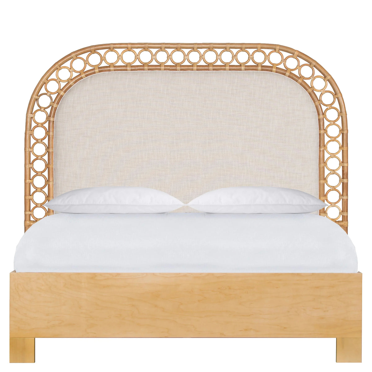 Natural boho bed with light wood frame and arched rattan headboard with beige fabric upholstery.