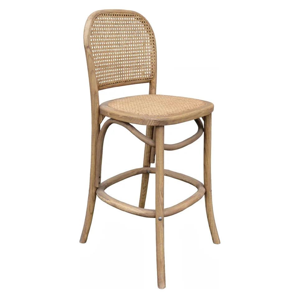 Natural wood bar stool with cane back and seat, rustic farmhouse style for kitchen or dining