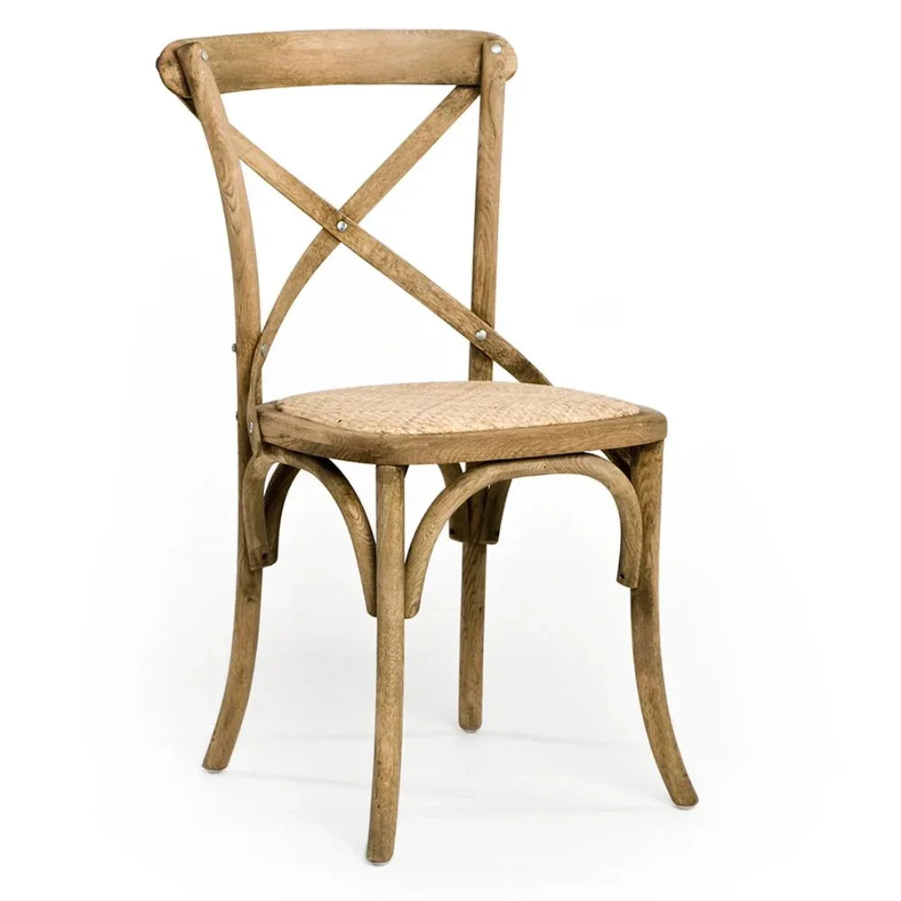 Rustic wooden chair with woven seat and X-back design, perfect for farmhouse or shabby chic decor